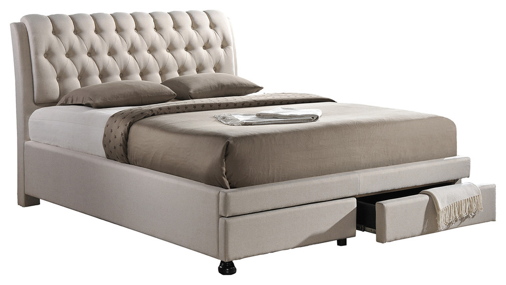 Ainge ButtonTufted Fabric Upholstered Storage Bed With 2 Drawers, King Traditional Platform