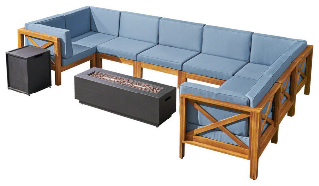 Outdoor Acacia Wood Sofa Set, Patio Sectional Sofa With Fire Pit