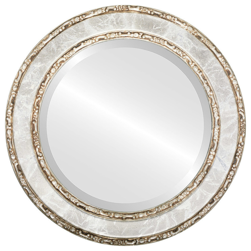 Monticello Framed Round Mirror in Champagne Silver Traditional Wall
