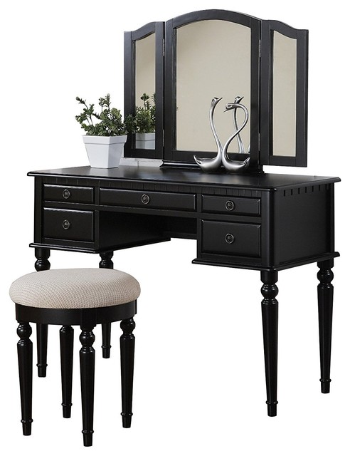 Vanity Makeup Table Set Solid Wood And Fabric 5 Drawer Cushioned Stool Traditional Bedroom Makeup Vanities By Decor Love