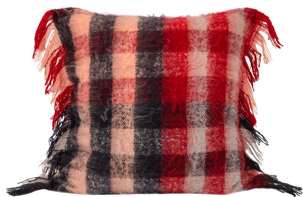 Mohair Plaid Red Check Feather Filled Decorative Throw Pillow Cushion