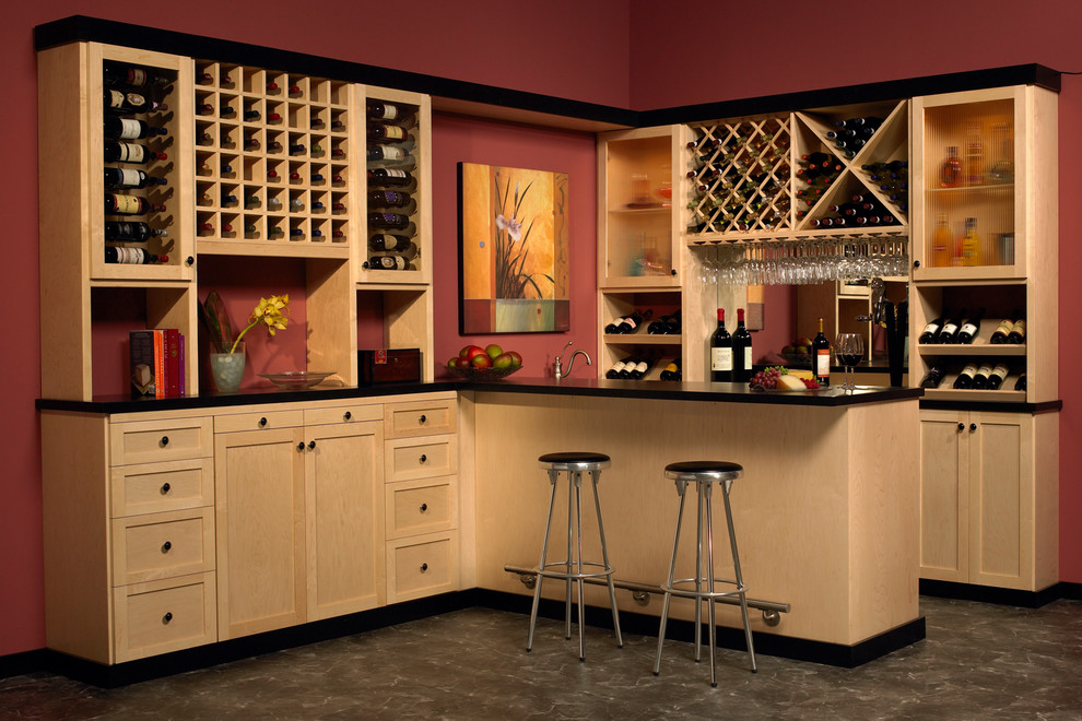 Inspiration for a mid-sized transitional wine cellar in New York with vinyl floors, storage racks and grey floor.