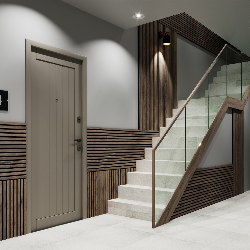Mittelgroßes Modernes Foyer mit grauer Wandfarbe, Porzellan-Bodenfliesen, grauer Haustür, grauem Boden und Wandpaneelen in London