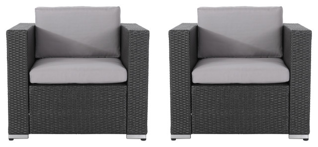 GDF Studio Verin Outdoor Gray Wicker Club Chairs, Silver Cushions, Set of 2