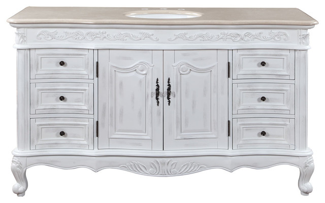 60 Inch Large Distressed White Bathroom Vanity Single Sink Marble Traditional