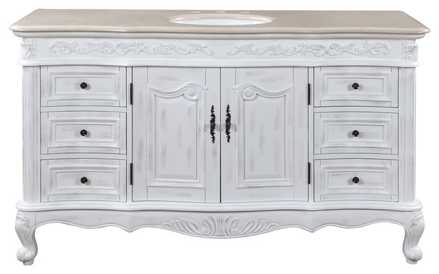 60 Inch Large Distressed White Bathroom Vanity Single Sink Marble Traditional Transitional Bathroom Vanities And Sink Consoles By Luxury Bath Collection