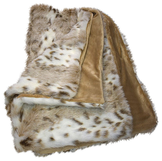 Faux Fur Lynx Spotted Leopard Lined Throw Blanket, 5x7