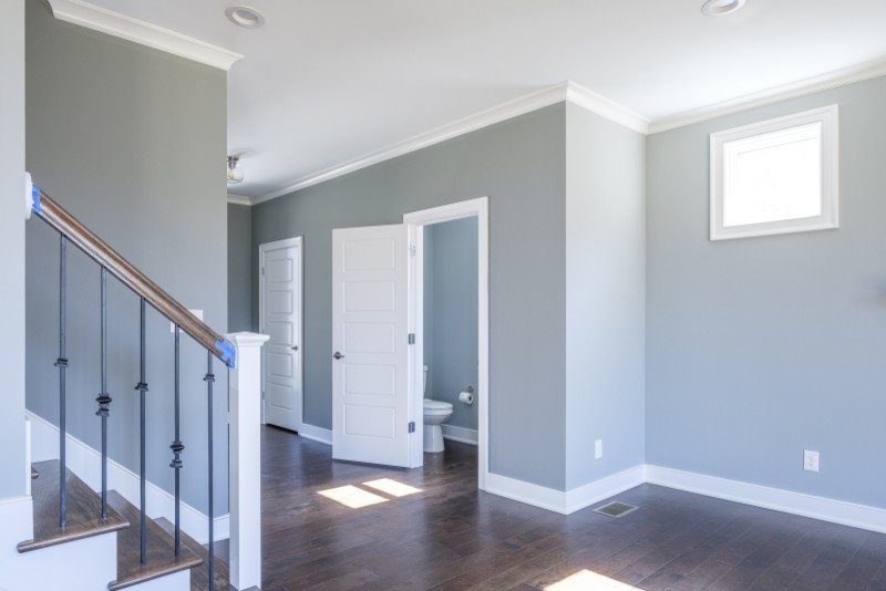 Photo of a mid-sized transitional front door in Louisville with blue walls, vinyl floors, a single front door and a white front door.