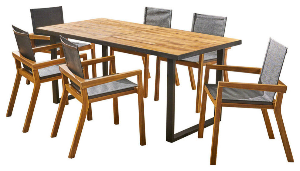 Cicci Outdoor Acacia Wood 7 Piece Dining Set with Mesh Seats