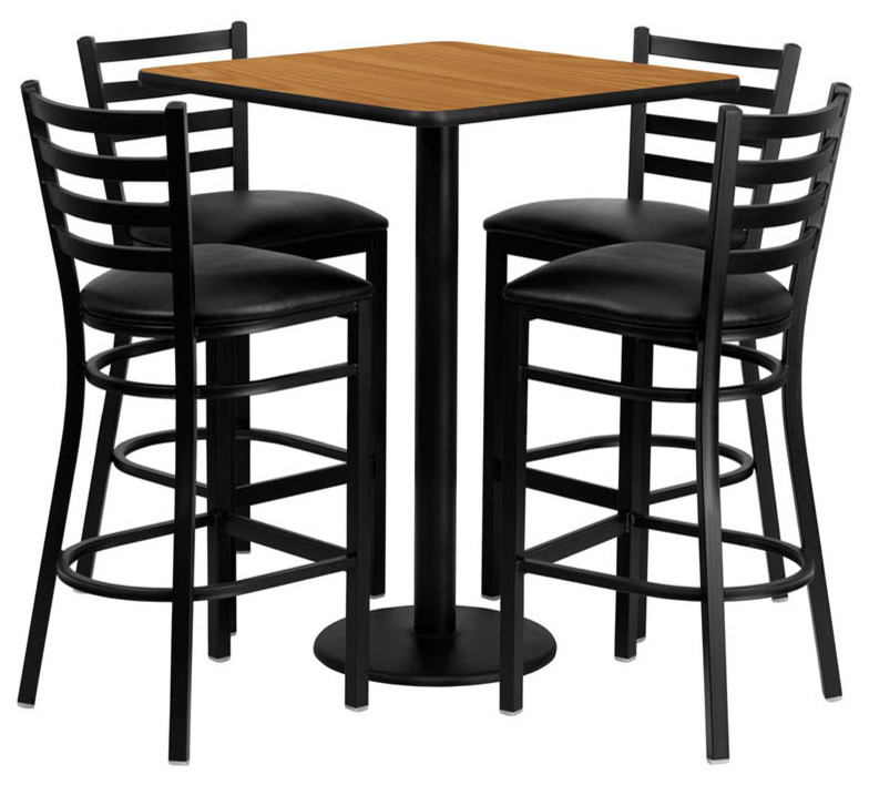 30" Square Natural Table Set with 4 Ladder Bar Stools - Black Vinyl Seat