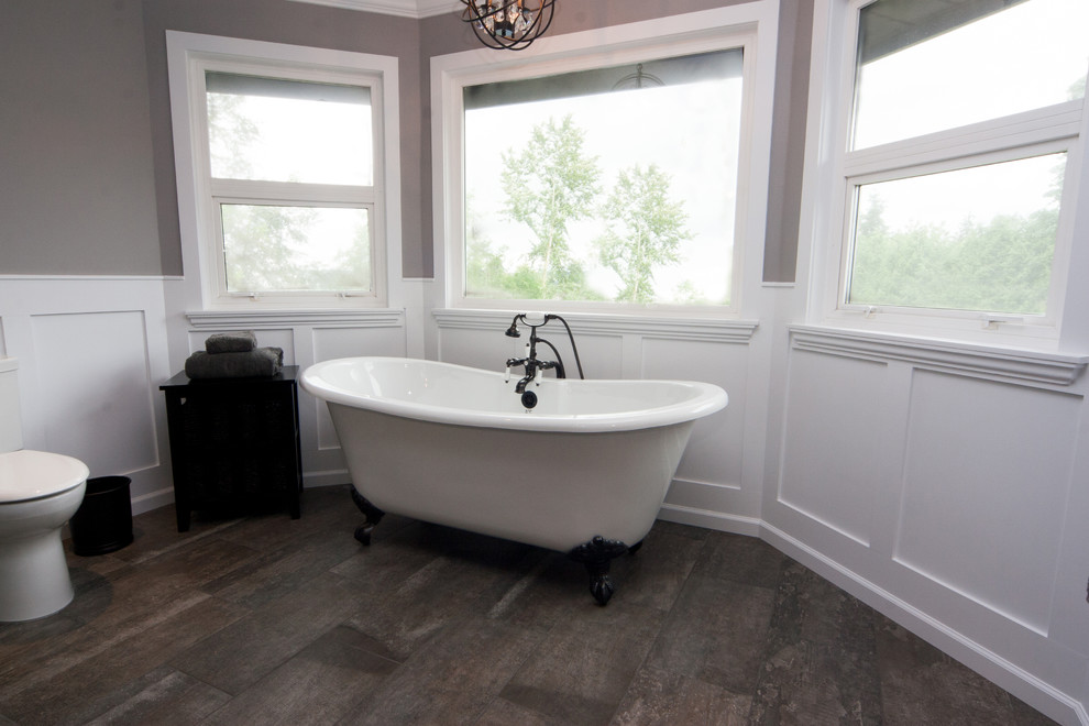 Inspiration for a large country master bathroom in Vancouver with shaker cabinets, dark wood cabinets, a claw-foot tub, a double shower, a two-piece toilet, brown tile, porcelain tile, purple walls, porcelain floors, an undermount sink and engineered quartz benchtops.