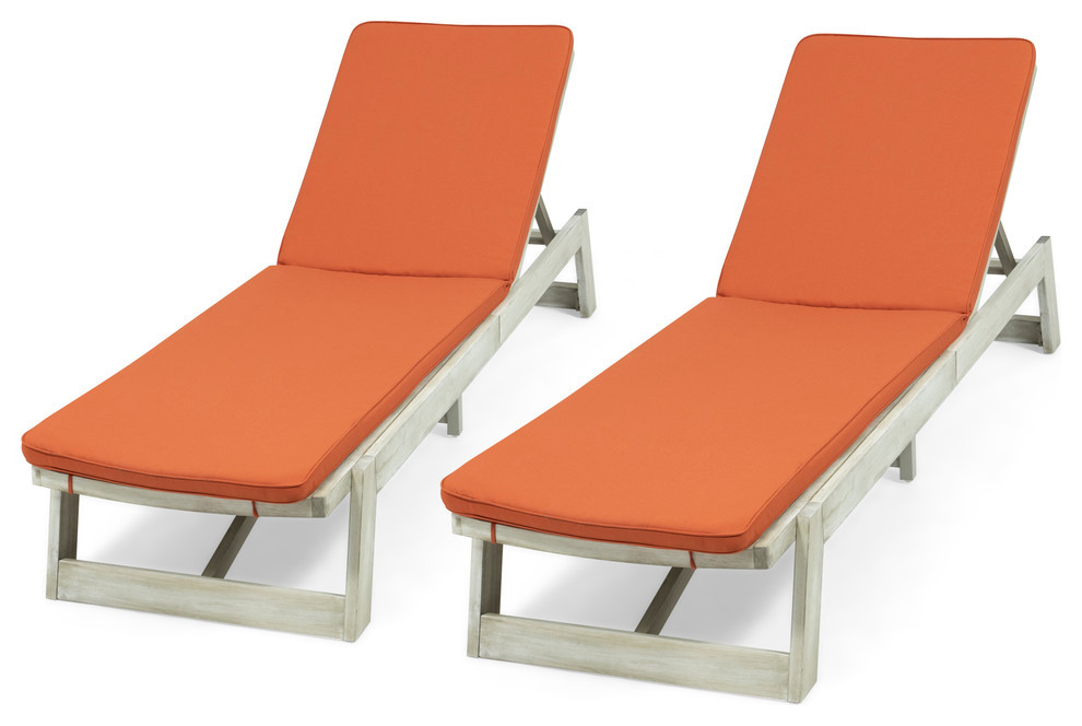 Tina Outdoor Acacia Wood Chaise Lounge and Cushion Sets, Set of 2, Orange