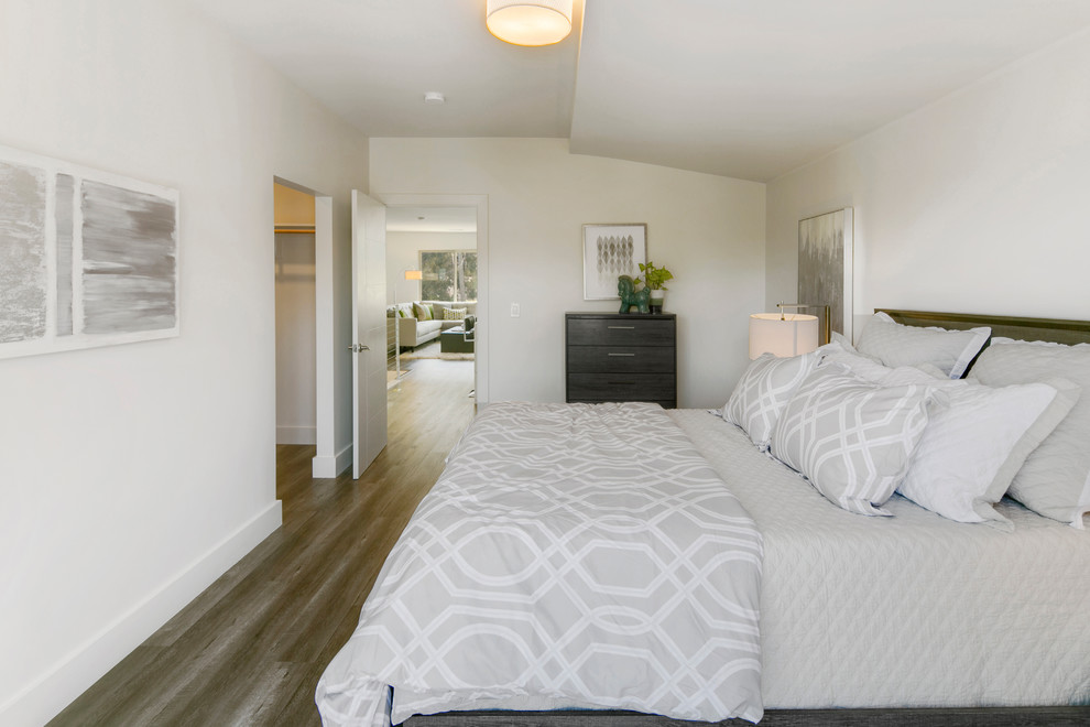 Design ideas for a mid-sized modern master bedroom in San Francisco with white walls, laminate floors and no fireplace.