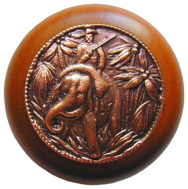 Jungle Patrol Wood Knob, Antique Brass, Cherry Wood Finish