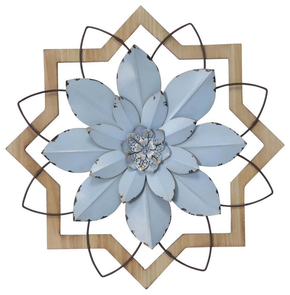 Stratton Home Decor Metal Blue Flower And Wood Frame S30862