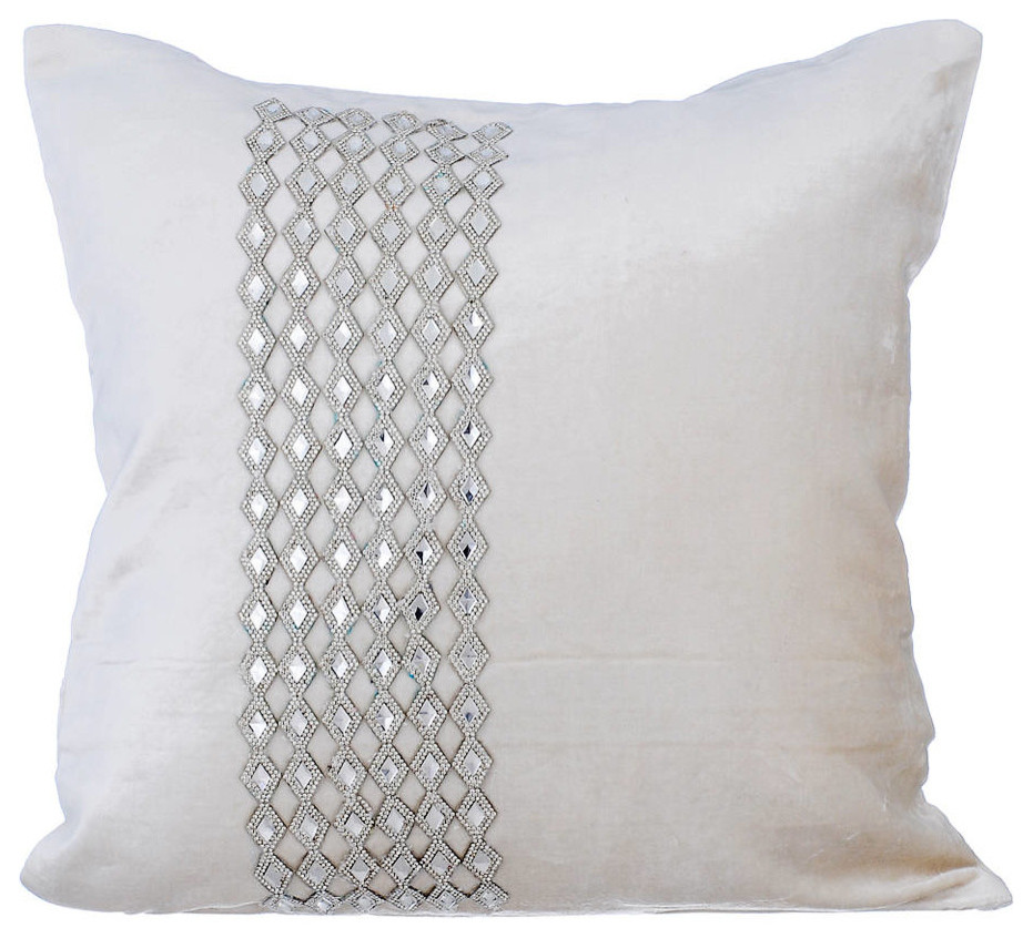 Bling Checkered Designer Toss Pillowcase 16"x16" Light Blue & Silver Silk 