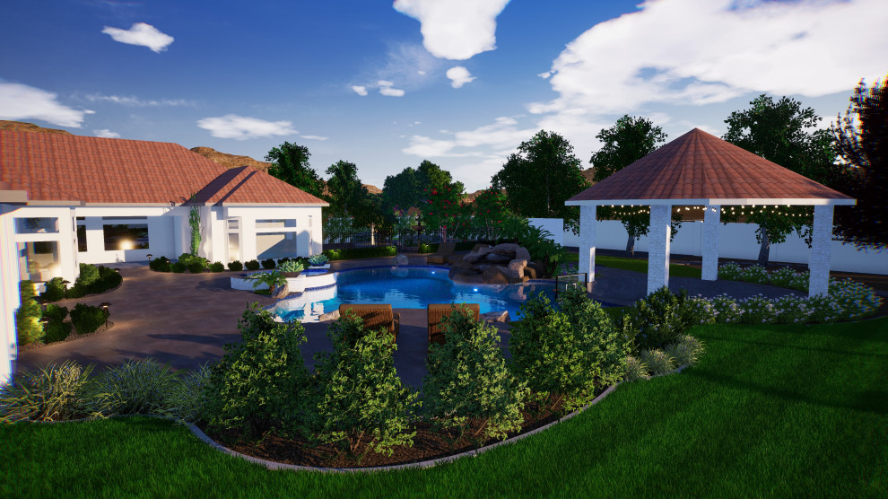 Example of a large backyard stone pool landscaping design in Phoenix