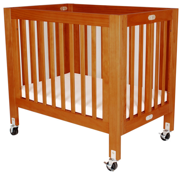 Benzara Foldable Wood and Metal Crib with Casters and Slatted Details