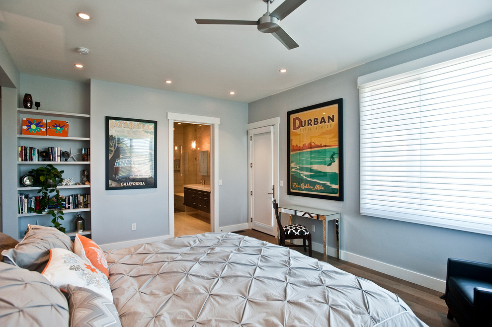 Inspiration for a large contemporary master bedroom in Other with grey walls, medium hardwood floors and brown floor.