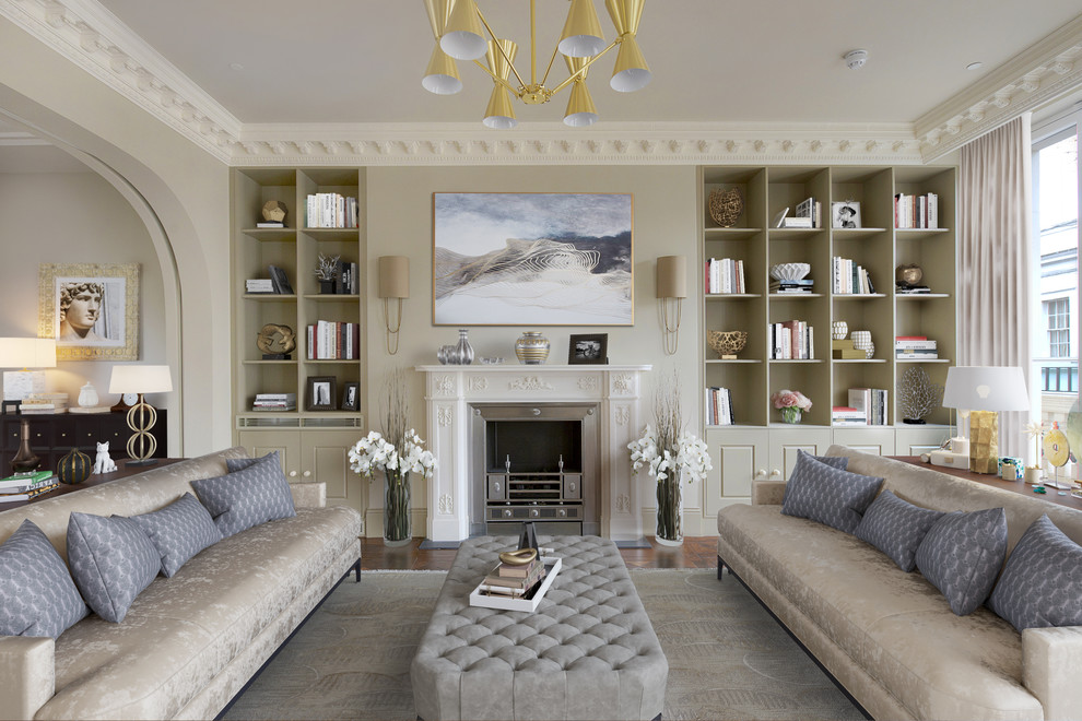 Transitional open concept living room in London with beige walls, dark hardwood floors, a standard fireplace and brown floor.