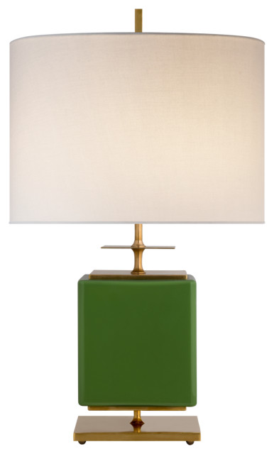 Beekman Small Table Lamp in Green Reverse Painted Glass with Cream Linen Shade