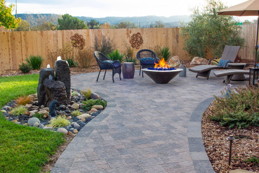 Large contemporary backyard patio in Santa Barbara with a fire feature, concrete pavers and no cover.