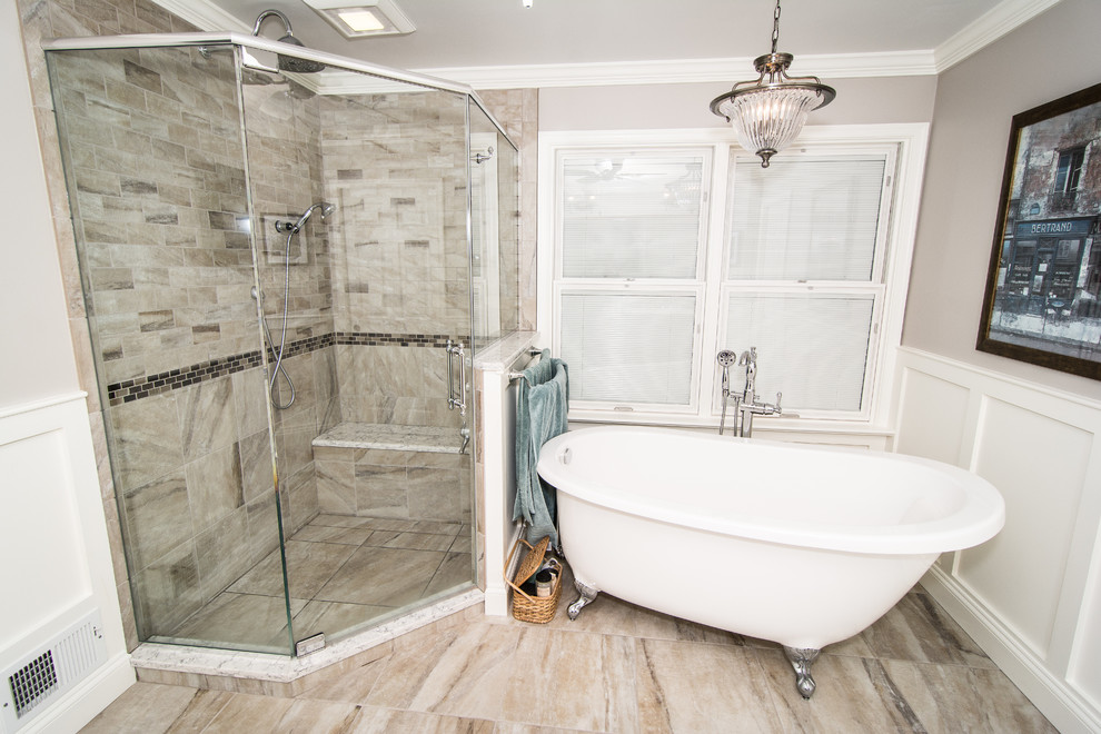 Large traditional master bathroom in Philadelphia with flat-panel cabinets, red cabinets, a claw-foot tub, a corner shower, a two-piece toilet, beige tile, porcelain tile, grey walls, porcelain floors, an undermount sink and engineered quartz benchtops.
