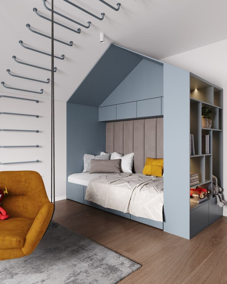 Modelo de dormitorio infantil de 4 a 10 años contemporáneo de tamaño medio con paredes beige y suelo marrón