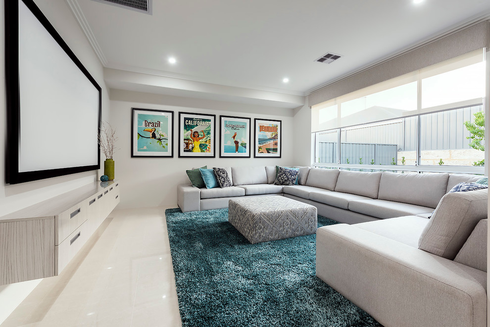 Inspiration for a large contemporary open concept home theatre in Perth with white walls, ceramic floors and a projector screen.