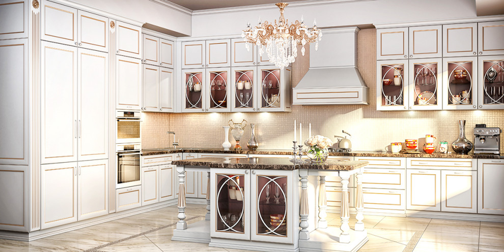 This is an example of a large transitional l-shaped separate kitchen in Moscow with an undermount sink, beige cabinets, marble benchtops, brown splashback, mosaic tile splashback, panelled appliances, porcelain floors, with island, beige floor, multi-coloured benchtop and coffered.