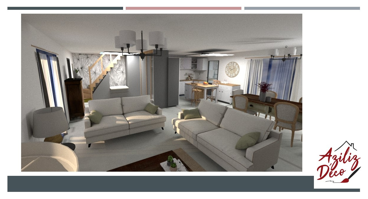 Propositions en projection 3D du futur espace entrée, séjour/salon, cuisine d'une maison en construction