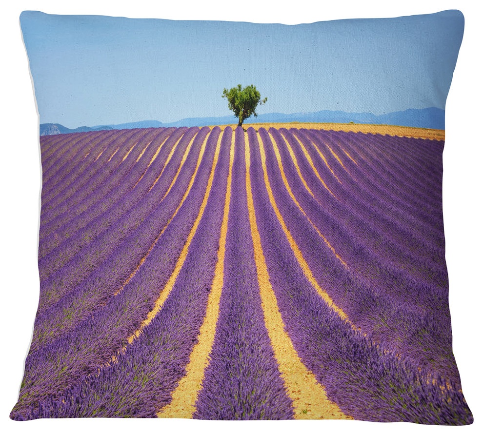 Lonely Uphill Tree in Lavender Field Landscape Wall Throw Pillow, 18"x18"