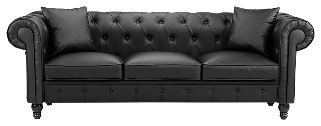 Clic Bonded Faux Leather Chesterfield Sofa Scroll Arm 2 Pillows Black