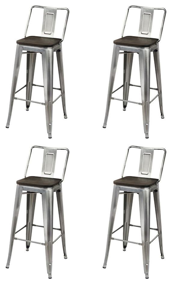 Metal Gunmetal Bar Stools With Middle Back Dark Wooden Seat, Set of 4