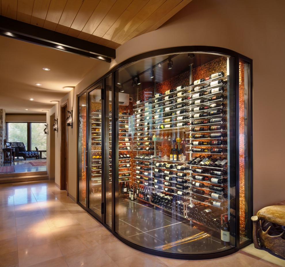 Cette image montre une cave à vin minimaliste de taille moyenne avec un sol en carrelage de céramique, des casiers et un sol multicolore.