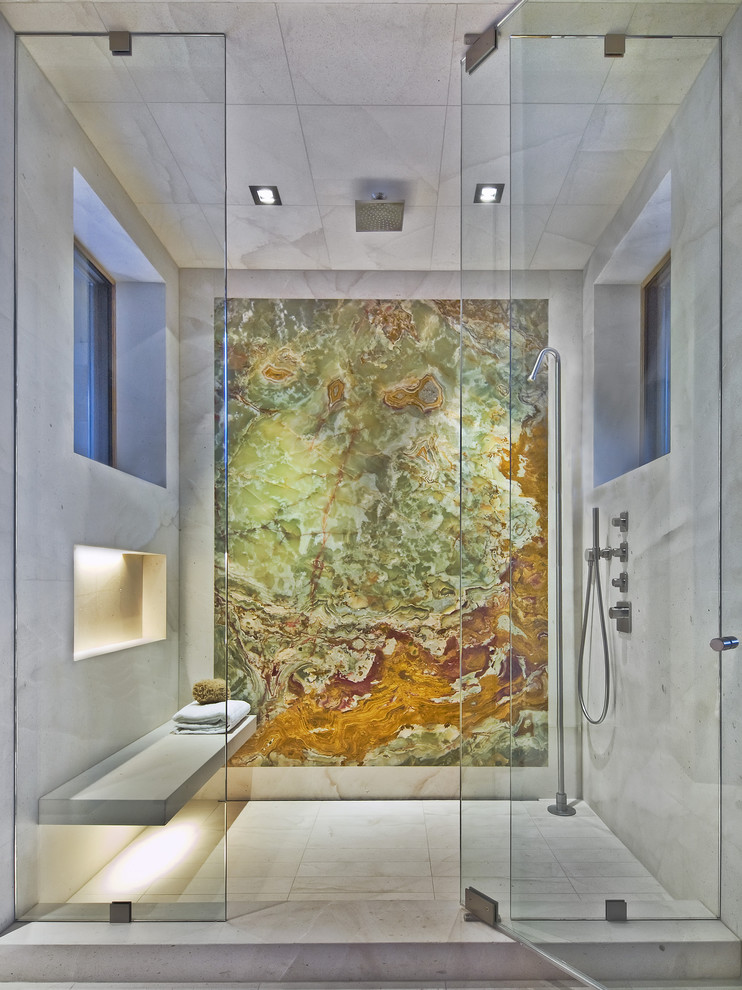Photo of an expansive contemporary master bathroom in Denver with an alcove shower, multi-coloured tile, marble floors and marble.