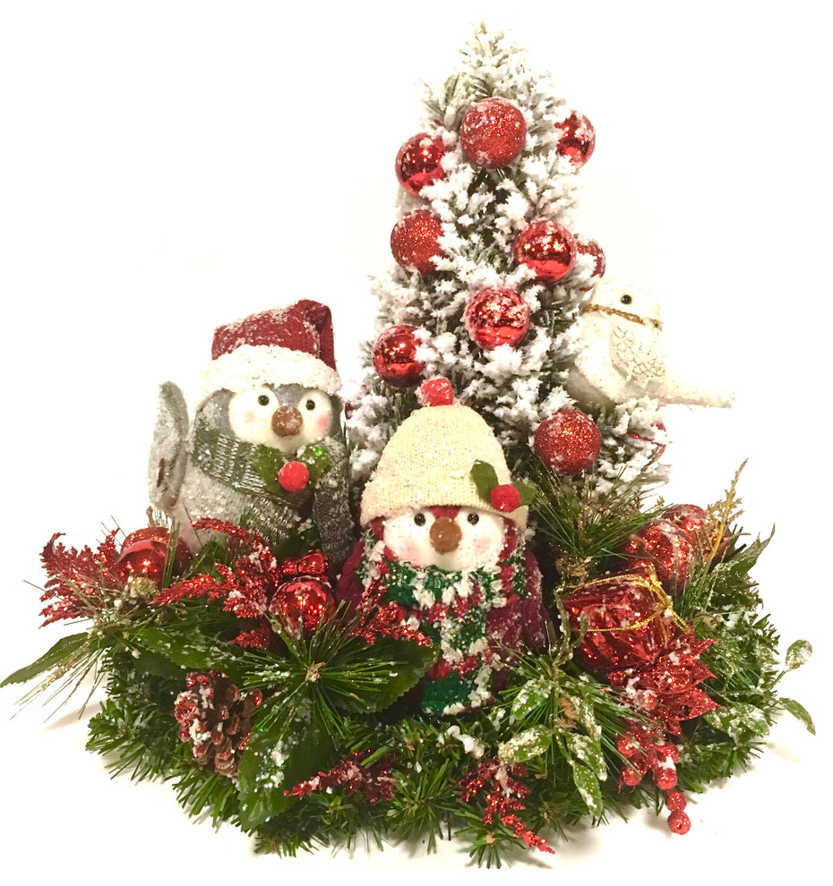 Christmas Arrangement Owl Bird Tabletop Tree Winter Red Green