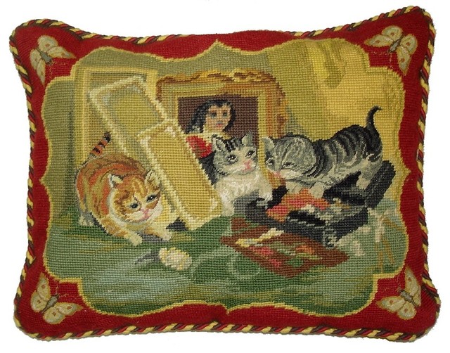 Butterfly And Cats Needlepoint Pillow Traditional Fabric Trim
