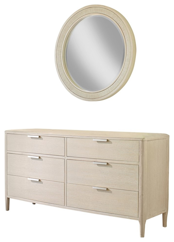 Palmetto Home Pearl Soft Beige Wood 6Drawer Dresser and Woven Round