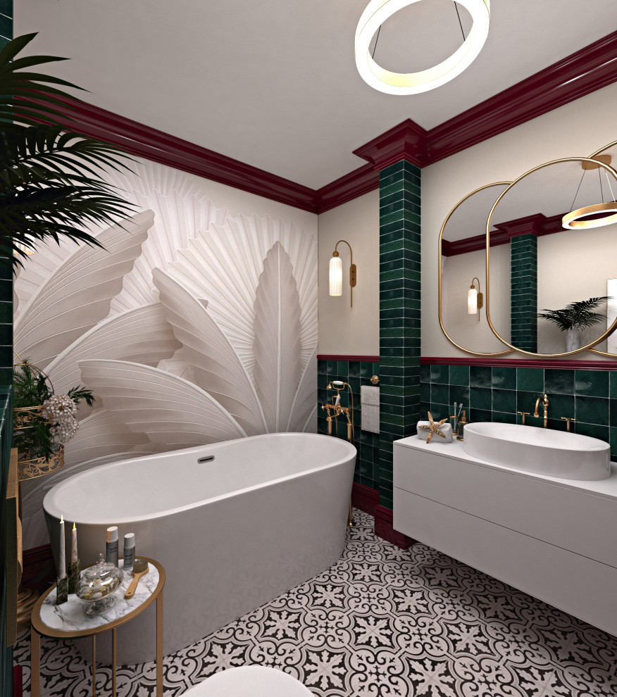 На фото: ванная комната среднего размера в классическом стиле с белыми фасадами, отдельно стоящей ванной, зеленой плиткой, керамической плиткой, бежевыми стенами, полом из керамической плитки, накладной раковиной, столешницей из искусственного камня, белой столешницей, тумбой под одну раковину и подвесной тумбой