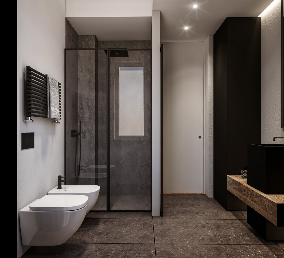 This is an example of a mid-sized contemporary 3/4 bathroom in Turin with flat-panel cabinets, light wood cabinets, a curbless shower, a two-piece toilet, white tile, porcelain tile, white walls, porcelain floors, a vessel sink, tile benchtops, brown floor, a sliding shower screen, brown benchtops, a single vanity and a floating vanity.