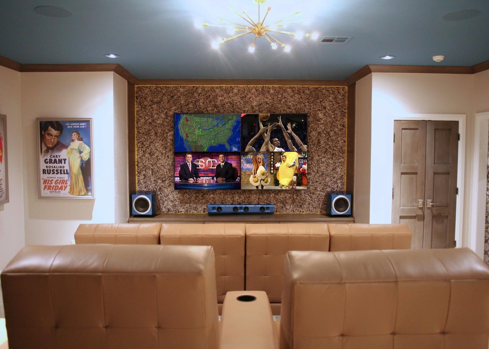 Midcentury enclosed home theatre in Oklahoma City with yellow walls, carpet and a projector screen.