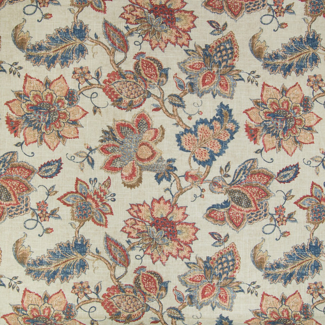 Vintage Red Blue Floral Print Linen Upholstery Fabric