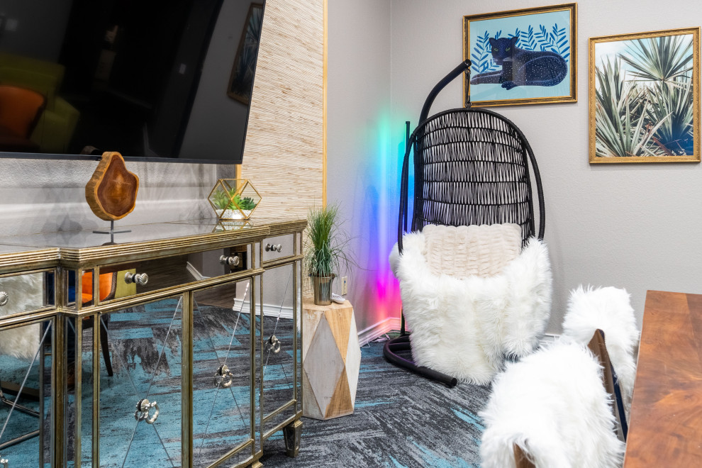 Mid-sized eclectic freestanding desk carpeted, blue floor, tray ceiling and wallpaper home studio photo in Dallas with multicolored walls and no fireplace