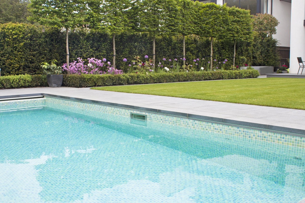 Photo of a medium sized beach style back rectangular swimming pool in Dorset with natural stone paving.