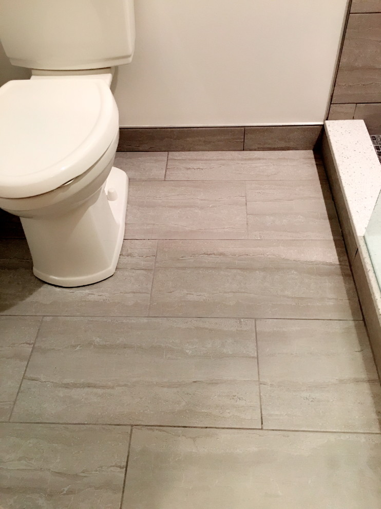 Inspiration for a mid-sized transitional bathroom in Detroit with an alcove shower, a two-piece toilet, porcelain tile, beige walls, porcelain floors, beige floor, an open shower, beige tile and brown tile.