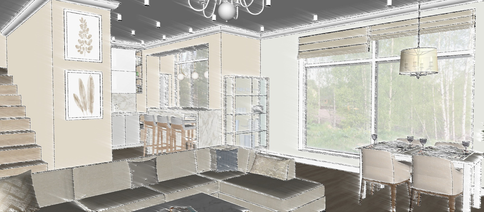 Кухня-гостиная с видом на овраг