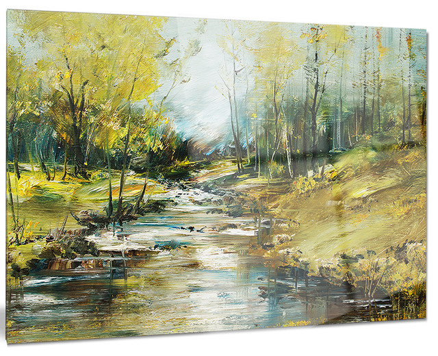 "Creek in the Forest Oil Painting" Landscape Painting Metal Wall Art, 28"x12" Contemporary
