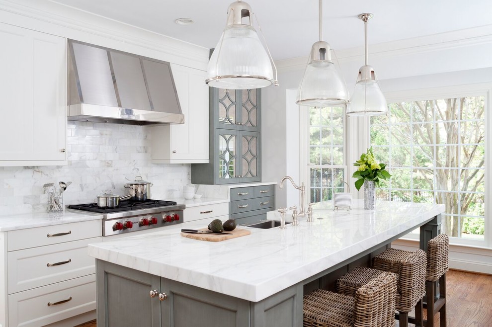 White Transitional Kitchen with Gray Island - Transitional - Kitchen ...