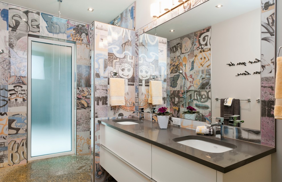 Inspiration for a large contemporary master bathroom in Vancouver with flat-panel cabinets, white cabinets, multi-coloured tile, ceramic tile, an open shower, a one-piece toilet, an undermount sink, white walls, concrete floors and an open shower.